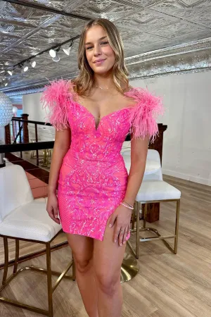 Cute Bodycon Off the Shoulder Hot Pink Sequins Homecoming Dresses with Feather VK073131