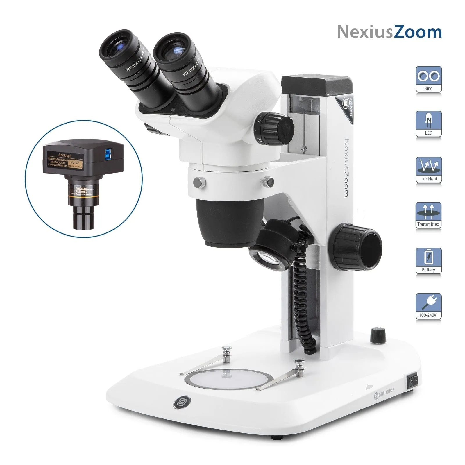 Euromex NexiusZoom Series High-Precision Zoom Binocular Stereo Microscope on Rack and Pinion Track Stand