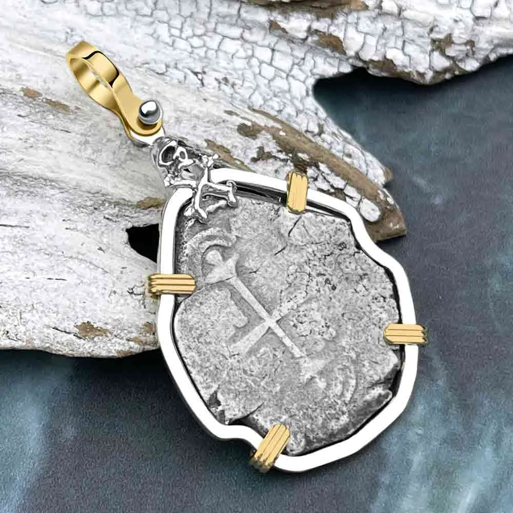 Joanna Shipwreck 4 Reale Cob "Piece of 8" Coin Skull and Cross Bones 14K Gold and Sterling Silver Pendant | #8512