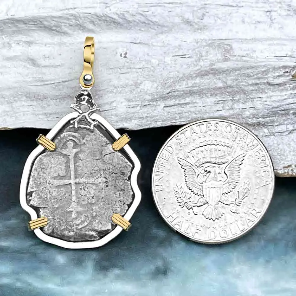 Joanna Shipwreck 4 Reale Cob "Piece of 8" Coin Skull and Cross Bones 14K Gold and Sterling Silver Pendant | #8512
