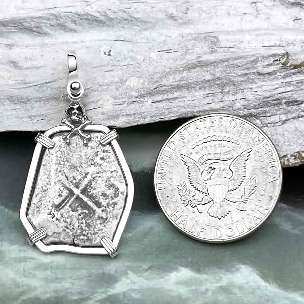 Joanna Shipwreck Skull and Cross Bones 4 Reale Cob "Piece of 8" Coin Sterling Silver Pendant | #8505