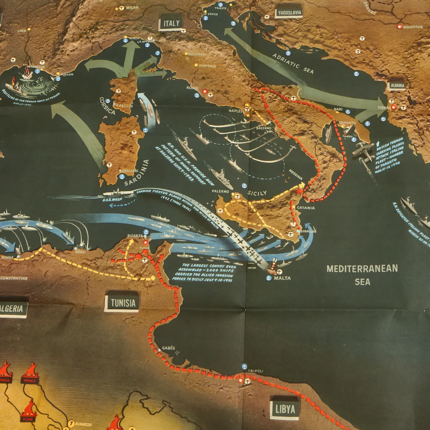 Original U.S. WWII Navy Education Services Map Posters of Northwest Europe and Mediterranean Sea - NavWarMap Series - 2 Items