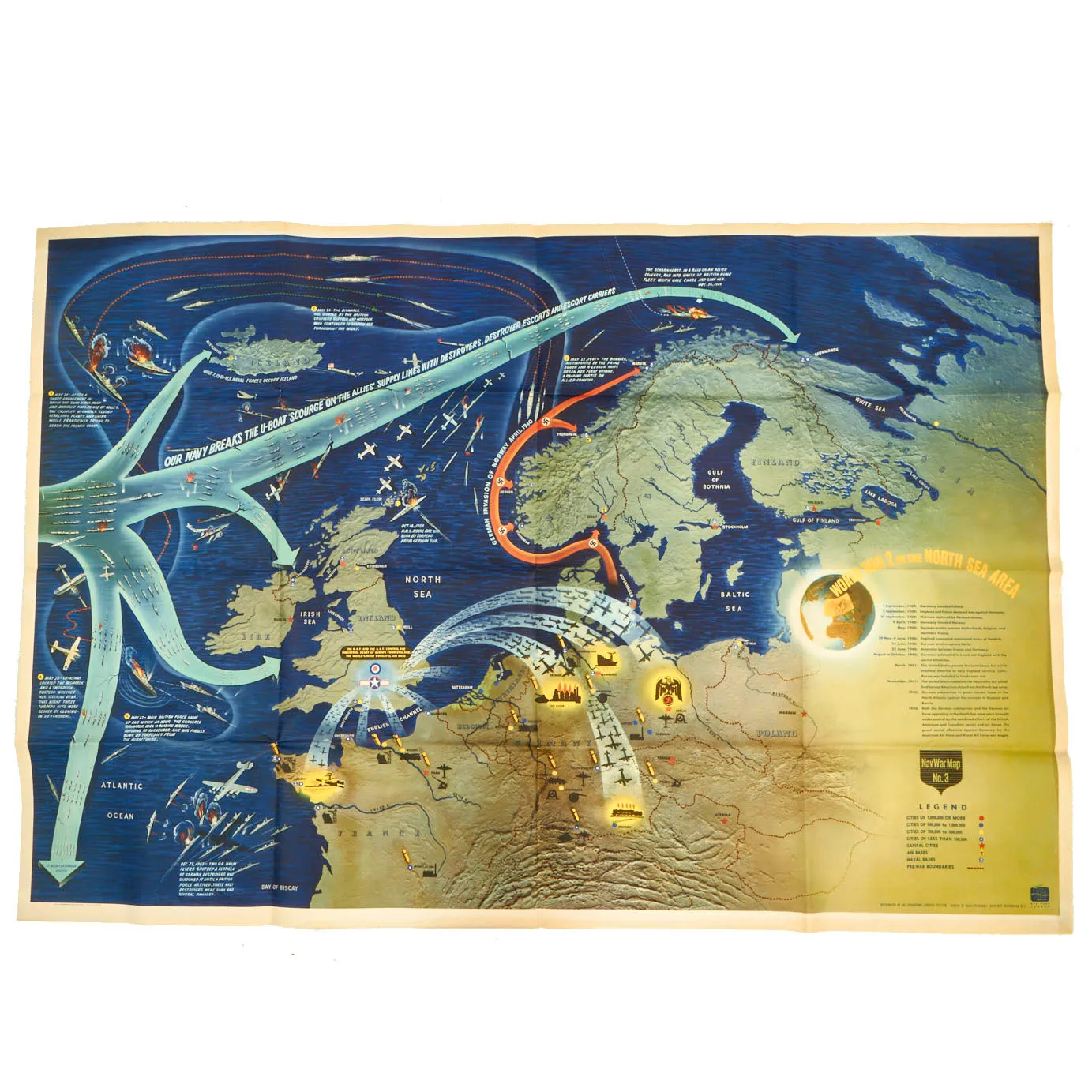 Original U.S. WWII Navy Education Services Map Posters of Northwest Europe and Mediterranean Sea - NavWarMap Series - 2 Items