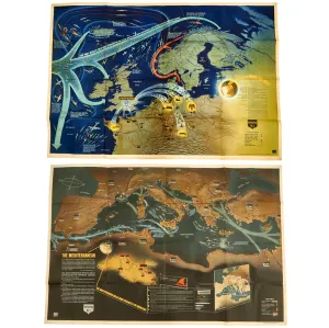 Original U.S. WWII Navy Education Services Map Posters of Northwest Europe and Mediterranean Sea - NavWarMap Series - 2 Items
