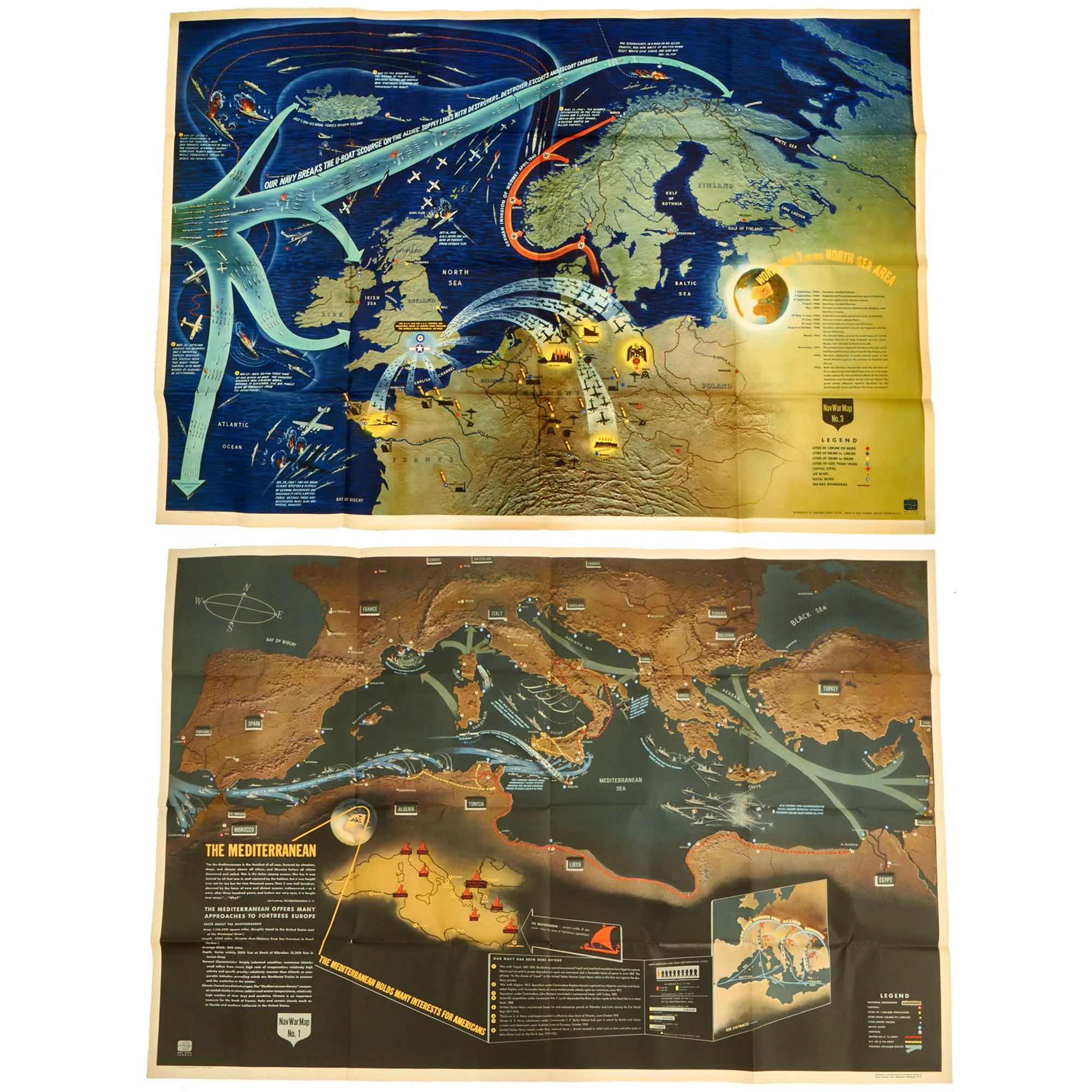 Original U.S. WWII Navy Education Services Map Posters of Northwest Europe and Mediterranean Sea - NavWarMap Series - 2 Items