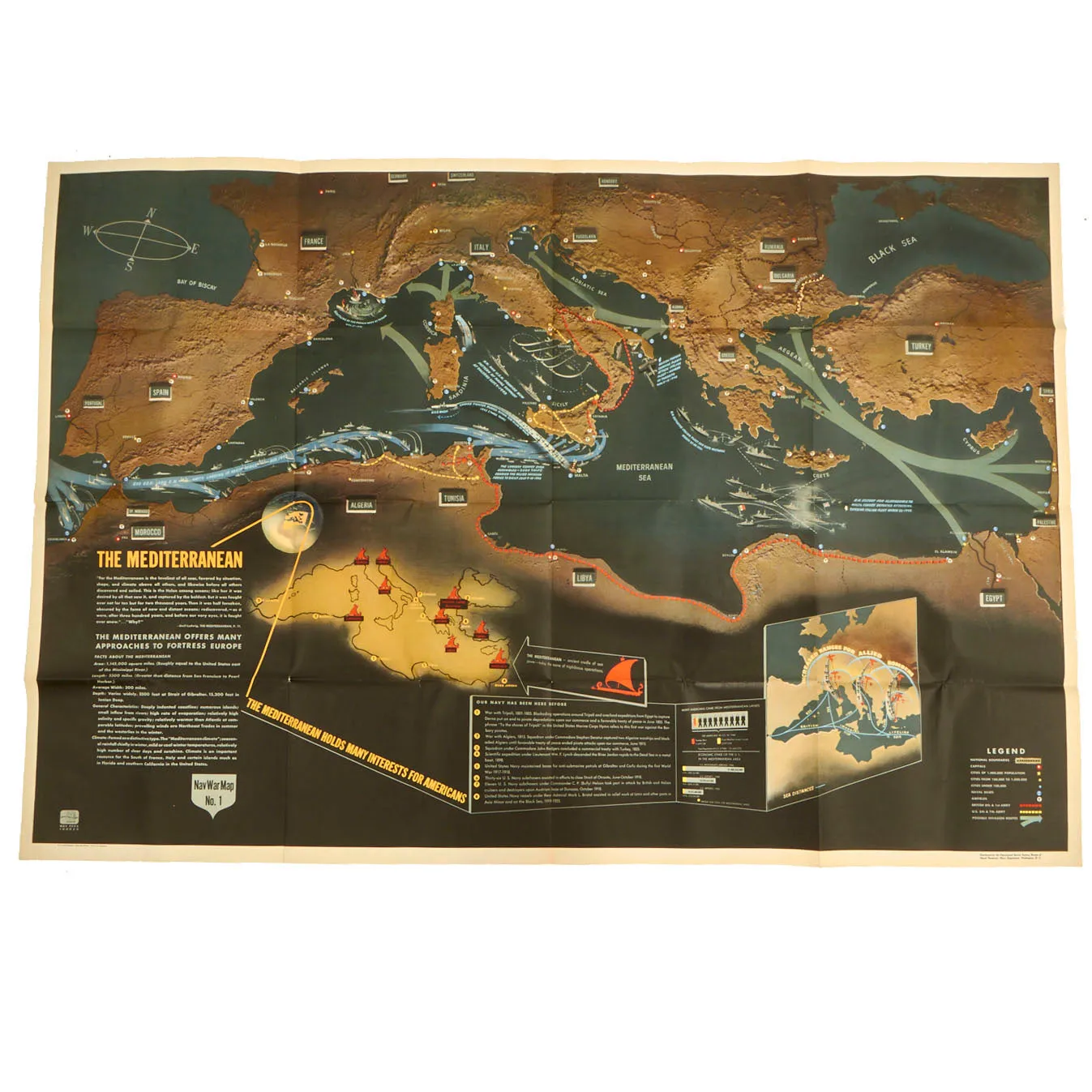 Original U.S. WWII Navy Education Services Map Posters of Northwest Europe and Mediterranean Sea - NavWarMap Series - 2 Items